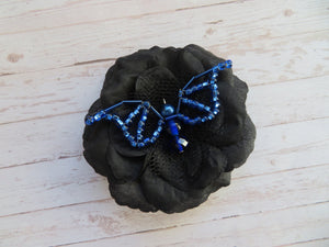 Black Sapphire Blue Bead Crystal Bat Gothic Halloween Brooch Hairclip Gift Goth