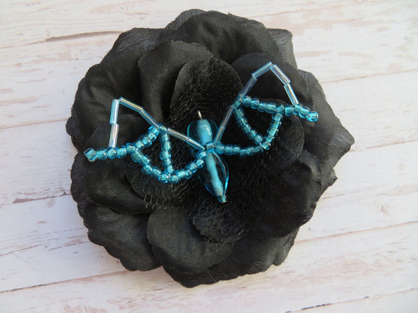 Black & Aqua Blue Bead Crystal Bat Gothic Halloween Brooch Hair Clip Gift Goth