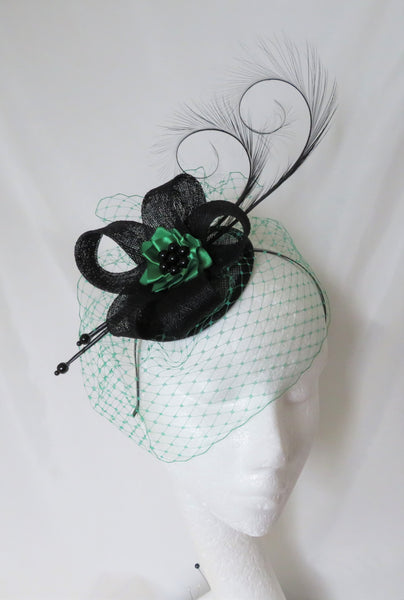 Black and Emerald Green Veil Pheasant Curl Feather Wedding Fascinator Mini Hat