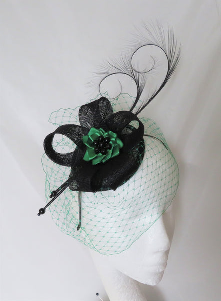 Black and Emerald Green Veil Pheasant Curl Feather Wedding Fascinator Mini Hat