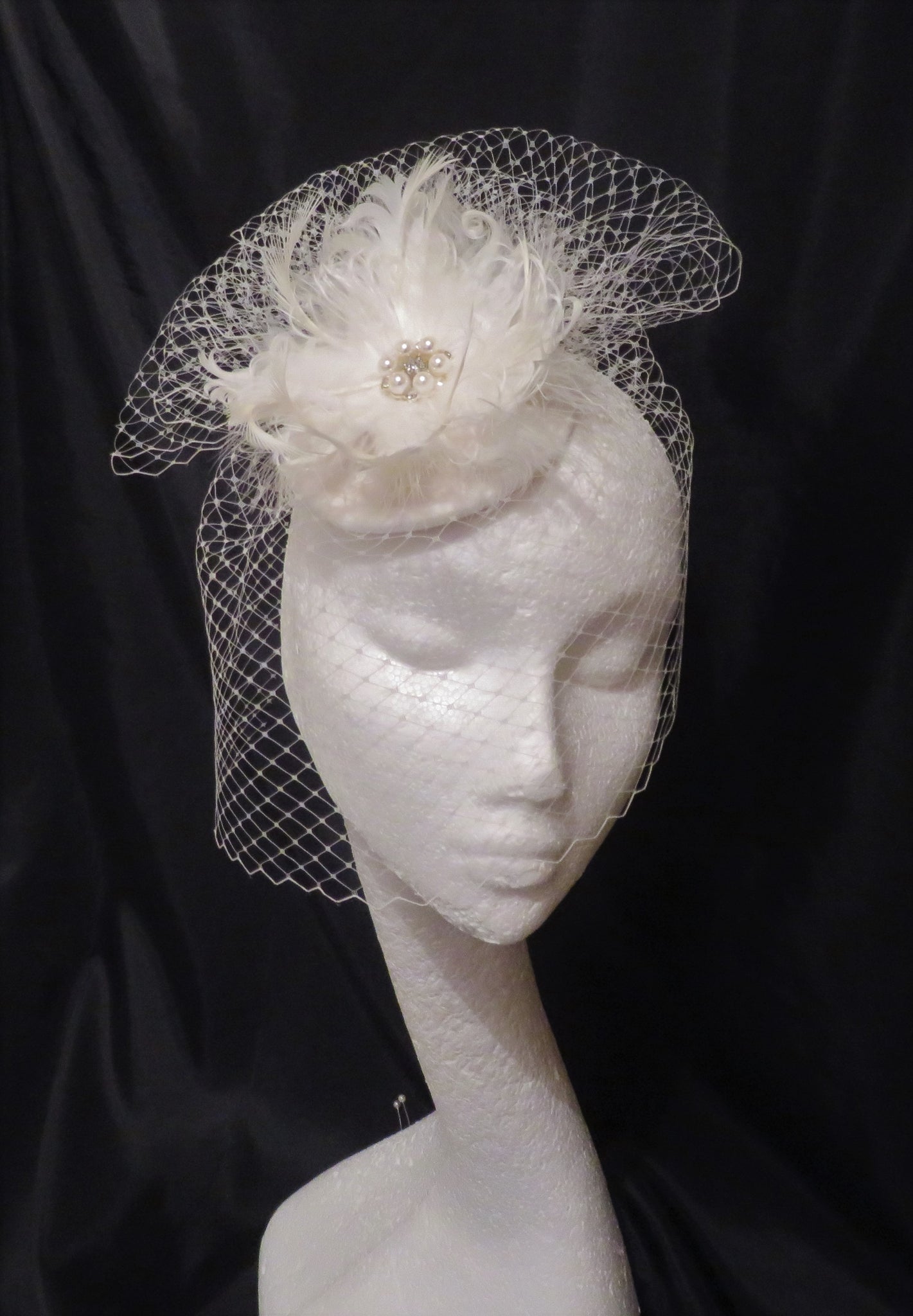 Ivory Veil Bridal Fascinator Hat Vintage Retro Style Netting Puffs with Feather Flower Bride Brides Headpiece Wedding - Ready Made