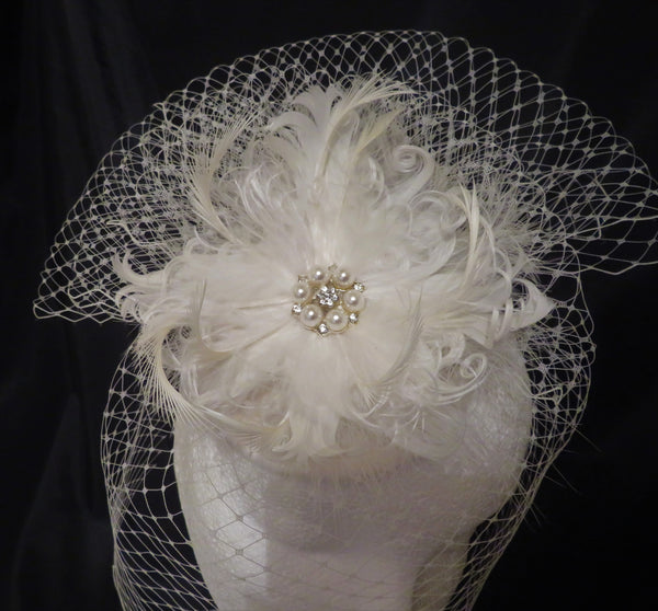 Ivory Veil Bridal Fascinator Hat Vintage Retro Style Netting Puffs with Feather Flower Bride Brides Headpiece Wedding - Ready Made