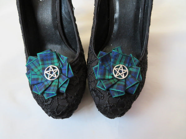 Black Watch Tartan Pentagram Shoe Clips Small Gothic Charm Satin Ruffle Shoeclips Silver Pentagrams Witch Magic Christmas Gifts- Ready Made