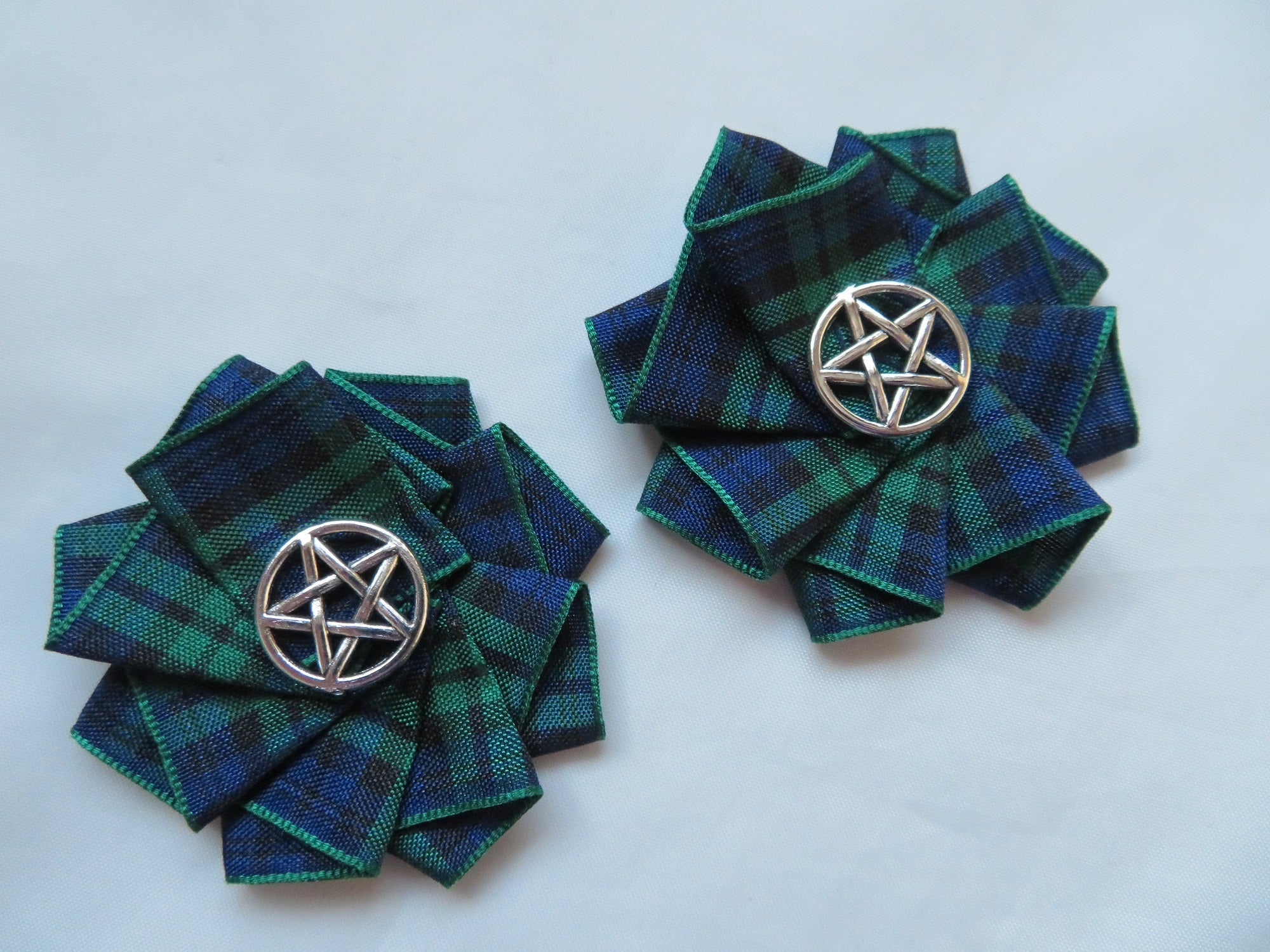 Black Watch Tartan Pentagram Shoe Clips Small Gothic Charm Satin Ruffle Shoeclips Silver Pentagrams Witch Magic Christmas Gifts- Ready Made