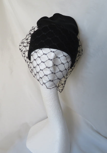 Black Wool Acrylic Beanie Hat with a veil
