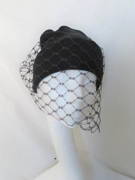 Black Wool Beanie Hat with a Veil