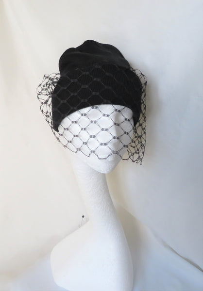 Black Wool Beanie Hat with a Veil