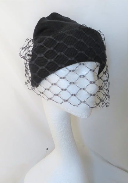 Black Wool Beanie Hat with a Veil