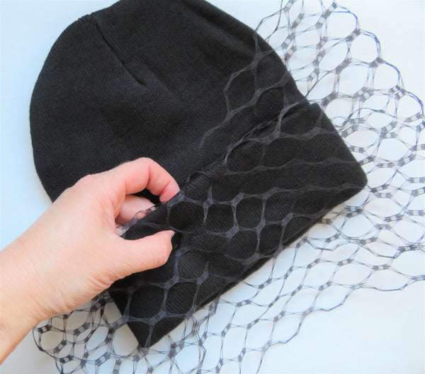 Black Wool Beanie Hat with a Veil