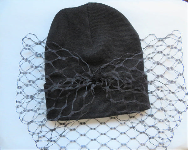 Black Wool Beanie Hat with a Veil