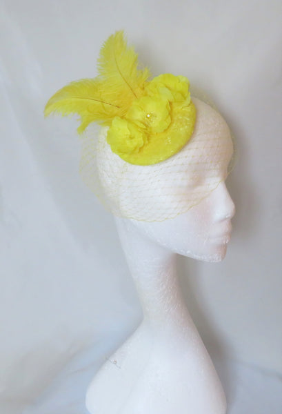 Bright Yellow Flower Blossom & Feather Retro Style Cocktail Hat Fascinator