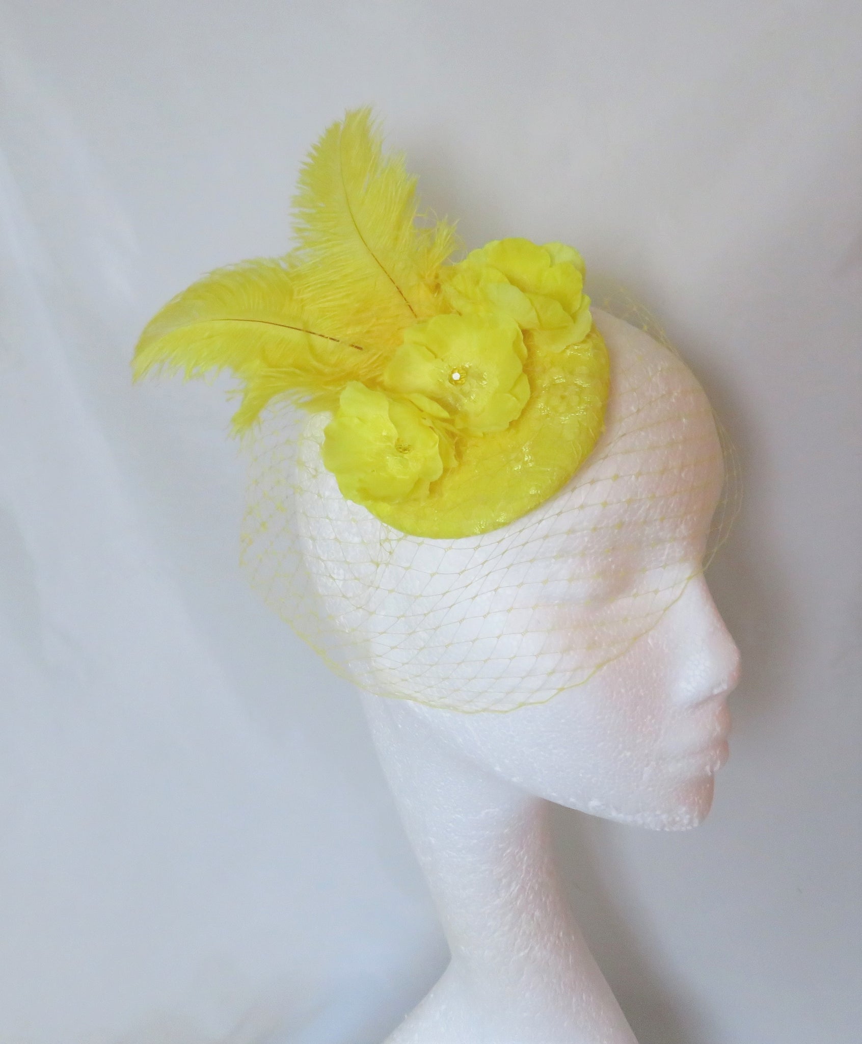 Bright Yellow Flower Blossom & Feather Retro Style Cocktail Hat Fascinator