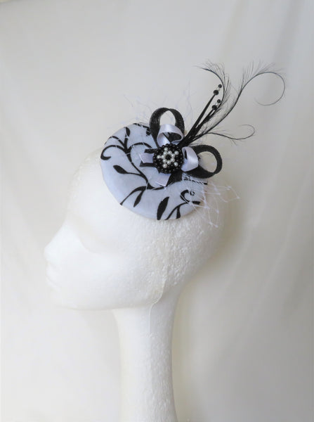 Black & White Monochrome Cocktail Percher Hat Fascinator Pearl Mini Headpiece