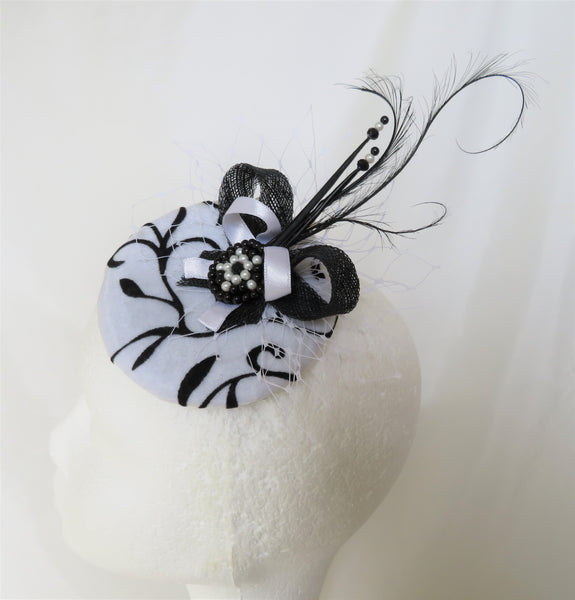 Black & White Monochrome Cocktail Percher Hat Fascinator Pearl Mini Headpiece