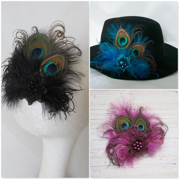 Peacock Hat Clip Vintage Rustic and Steampunk Country Style Feathers -Clips onto your own Hat Wedding Gift Gifts - Many Colours