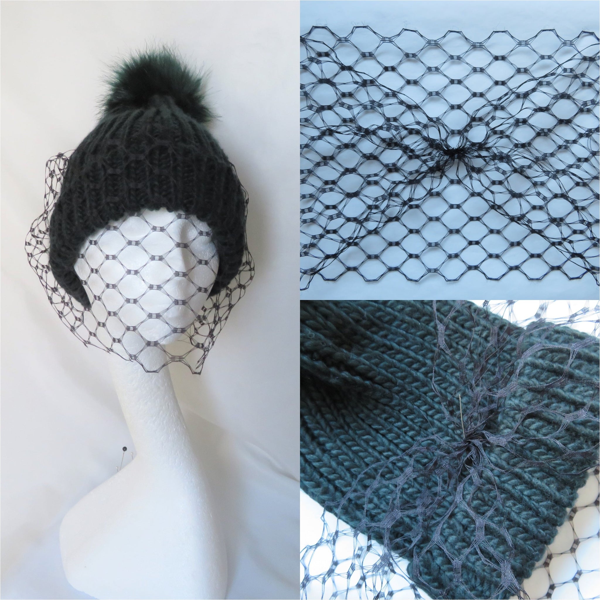 Do it Yourself Attachable Black Veil for a Beanie Hat 