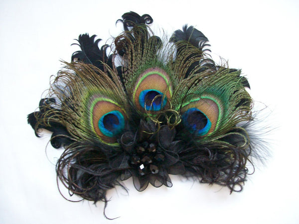 Black Daphne -Peacock & Curl Feather Lace & Crystal Vintage Style Gothic Fascinator Hair Clip - Gothic Diva Wedding Designs