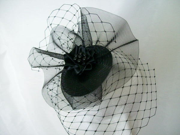 Black Vintage Fascinator Merry Widow Blusher Veil and Crinoline Bow Gothic Goth Victorian  Percher Wedding Hat- Made to Order