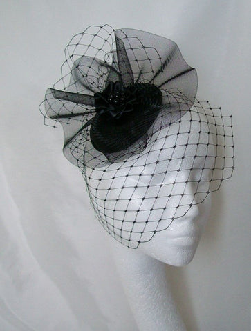 Black Vintage Fascinator Merry Widow Blusher Veil and Crinoline Bow Gothic Goth Victorian Percher Wedding Hat- Made to Order