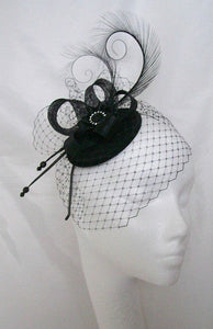 Black Veil Isadora -Pheasant Curl Feather Sinamay & Pearl Gothic Wedding Fascinator Mini Hat - Gothic Diva Wedding Designs