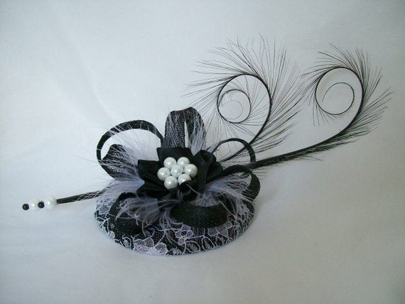 Black & White Fascinator Lace Covered Monochrome Vintage Style Headpiece Mini Hat Curl Feathers and Pearls Wedding Ascot - Made To Order