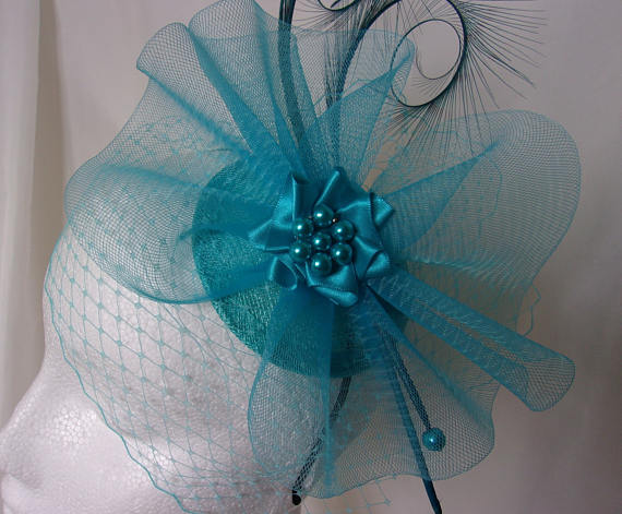 Shades of Turquoise Veiled Fascinator - Curl Feather Veil & Crinoline Wedding Fascinator Percher Mini Hat Ascot Derby - Made to Order