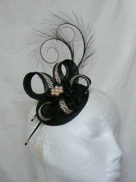 Black & Leopardprint Pheasant Curl Feather Sinamay and Pearl Isabel Wedding Fascinator Mini Hat - Custom Made to Order