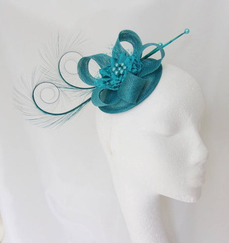 teal blue curl feather and sinamay fascinator wedding mini hat