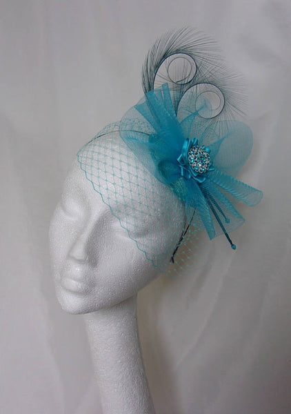 Shades of Turquoise Veiled Fascinator - Curl Feather Veil & Crinoline Wedding Fascinator Percher Mini Hat Ascot Derby - Made to Order