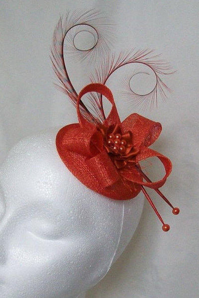 Orange Fascinator Burnt Orange Pheasant Curl Feather Sinamay & Pearl Wedding Mini Hat Headpiece Royal Ascot - Made to Order
