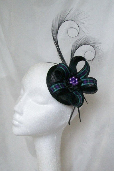 Tartan Fascinator - Black Pheasant Curl Feather Ribbon Stripe Sinamay & Pearl Scottish Highlands Wedding Burns Night Mini Hat Made to Order