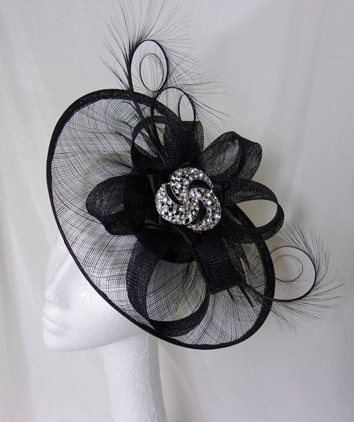 Black Rhinestone Hat Sinamay and Pheasant Curl Feather Saucer Fascinator with Crystal Diamante Brooch- Wedding Derby Gothic - Made to Order swirl