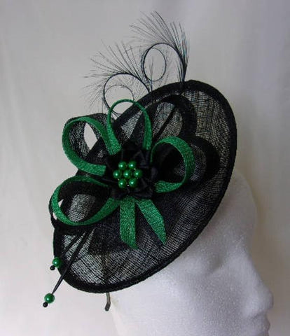 Emerald Green & Black Sinamay Saucer Fascinator Hat Wedding Ascot