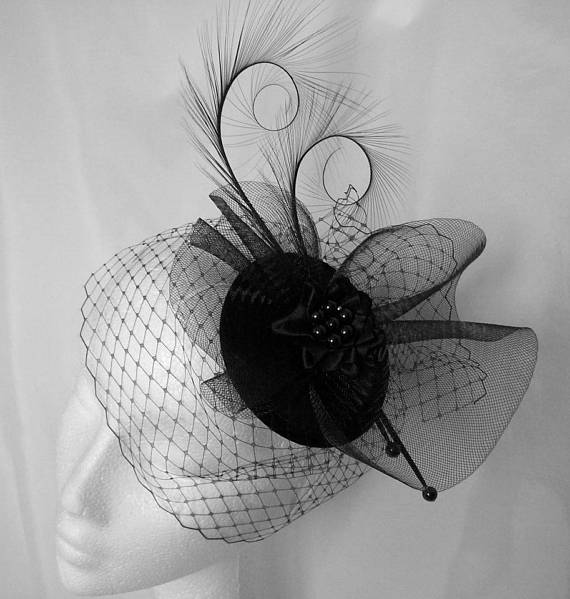 Black Vintage Fascinator Gothic Veiled Hat with Curl Feathers Veil & Crinoline Bow Wedding Percher Headpiece Ascot Derby - Made to Order