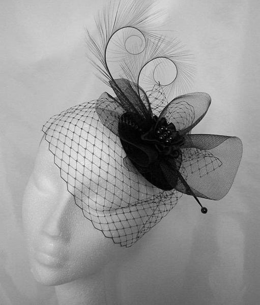 Black Vintage Fascinator Gothic Veiled Hat with Curl Feathers Veil & Crinoline Bow Wedding Percher Headpiece Ascot Derby - Made to Order