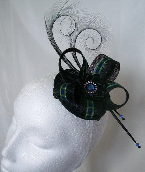 Tartan Fascinator - Black Pheasant Curl Feather Ribbon Stripe Sinamay & Pearl Scottish Highlands Wedding Burns Night Mini Hat Made to Order
