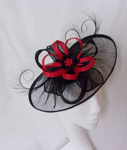 Black & Red Fascinator Large Sinamay Saucer Curl Feather and Bright Scarlet or Poppy Loop Pearl Hat Wedding Royal Ascot - Made to Order