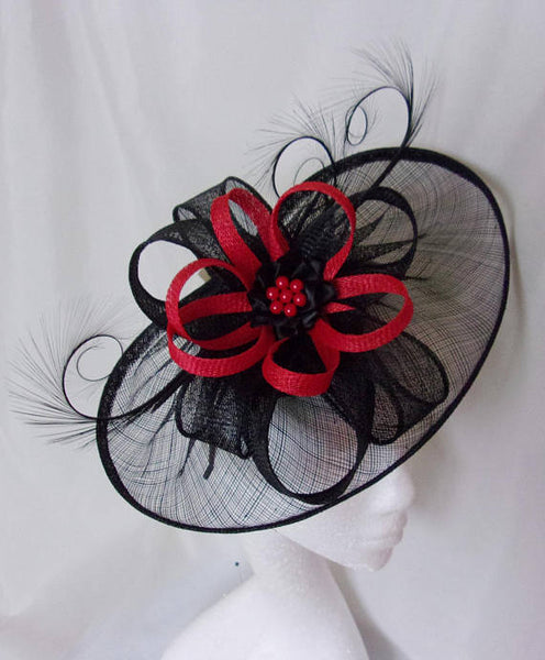 Black & Red Fascinator Large Sinamay Saucer Curl Feather and Bright Scarlet Loop Pearl Hat Wedding Royal Ascot - Made to Order