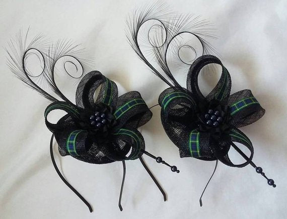 Tartan Fascinator - Black Pheasant Curl Feather Ribbon Stripe Sinamay & Pearl Scottish Highlands Wedding Burns Night Mini Hat Made to Order Campbell