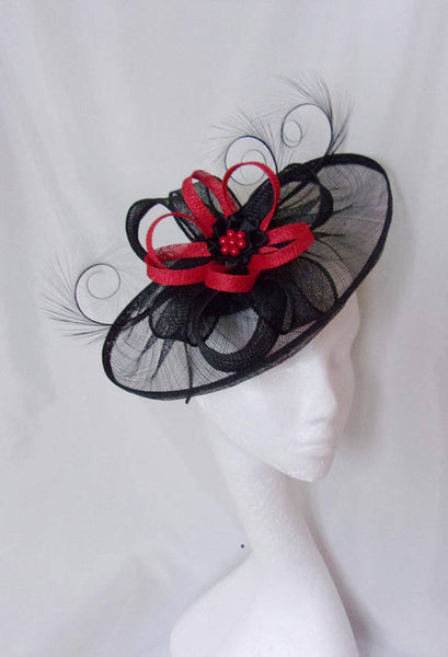 Black & Red Fascinator Large Sinamay Saucer Curl Feather and Bright Scarlet Loop Pearl Hat Wedding Royal Ascot - Made to Order