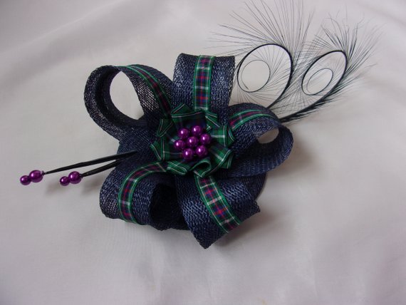Tartan Fascinator - Black Pheasant Curl Feather Ribbon Stripe Sinamay & Pearl Scottish Highlands Wedding Burns Night Mini Hat Made to Order NAVY WITH MCKENZIE