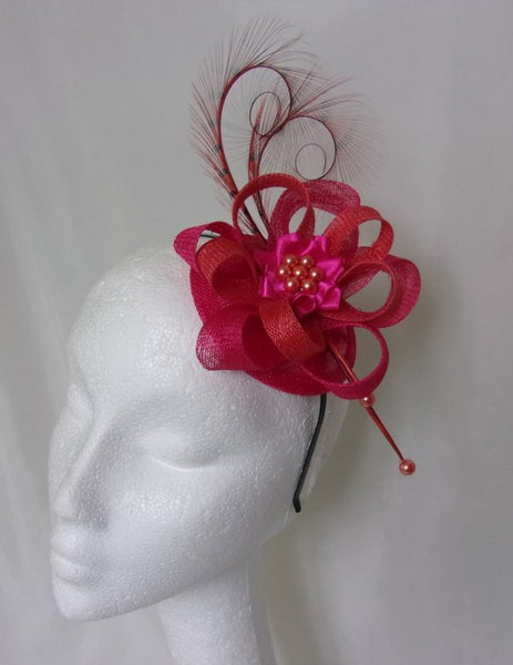 Pink Orange Fascinator Cerise Fuchsia and Bright Tangerine Pheasant Curl Feather Pearl Sinamay Mini Hat Wedding Ascot Derby - Made To Order