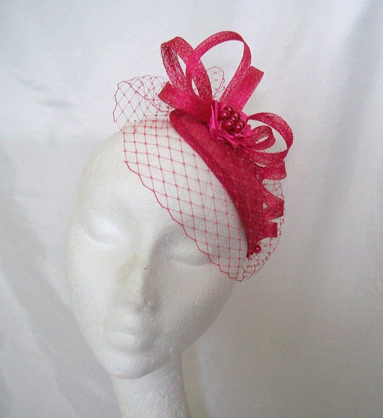 Cerise Pink Fascinator - Vintage Blusher Veil with Sinamay Loops & Pearls Retro Teardrop Wedding Mini Hat Headpiece Ascot- Made to Order