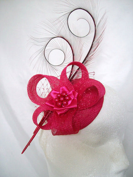 Cerise Pink Fascinator Bright Hot Fuchsia Pinks - Curl Feather Sinamay Loop Pearls or Rhinestone Wedding Mini Hat Headpiece - Made to Order