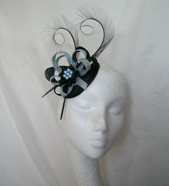 Black and Pale Blue Pheasant Curl Feather Sinamay Loop & Pearl Fascinator Mini Hat - Made To Order