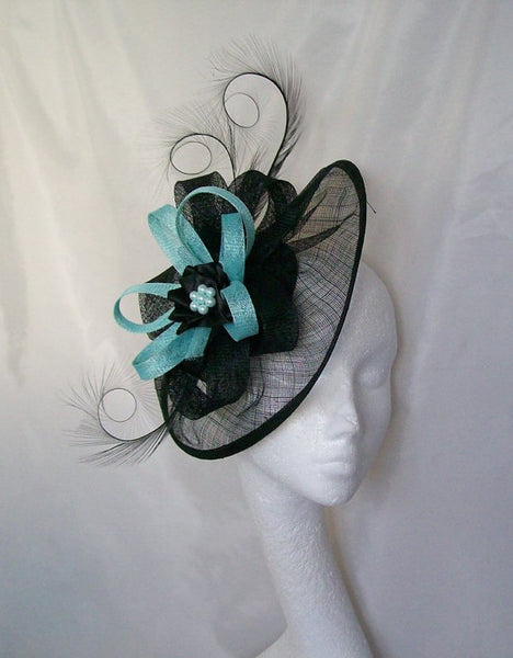 Aqua and Black Large Sinamay Saucer Curl Feather and Cornflower Loop & Pearl Fascinator Headpiece Hat Ascot Derby - Made to Order