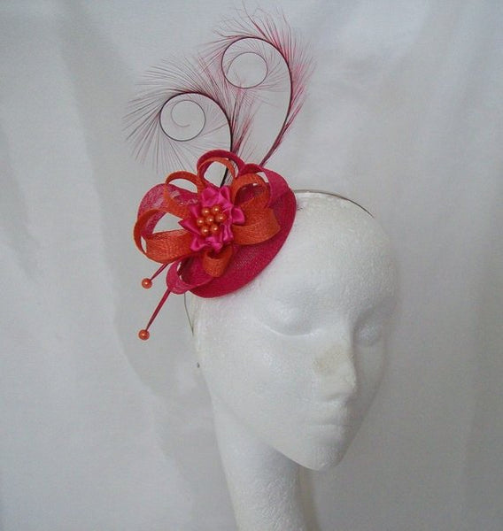 Pink Orange Fascinator Cerise Fuchsia and Bright Tangerine Pheasant Curl Feather Pearl Sinamay Mini Hat Wedding Ascot Derby - Made To Order