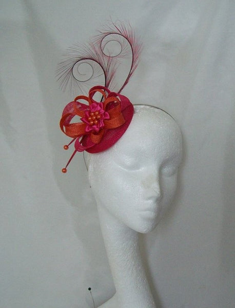 Pink Orange Fascinator Cerise Fuchsia and Bright Tangerine Pheasant Curl Feather Pearl Sinamay Mini Hat Wedding Ascot Derby - Made To Order