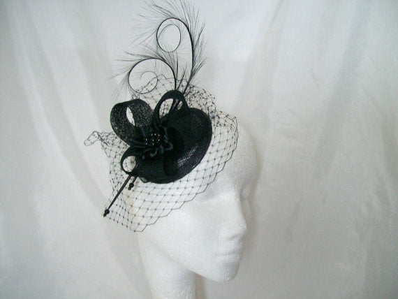 Black Vintage Fascinator Blusher Veil Pheasant Curl Feather Sinamay Loop & Pearl Crystal Gothic Wedding Mini Hat Headpiece - Made to Order
