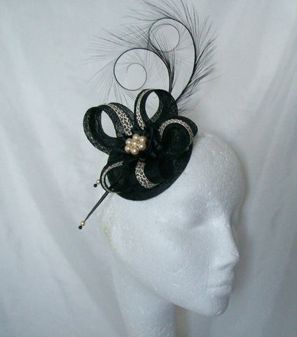 Black & Leopardprint Pheasant Curl Feather Sinamay and Pearl Isabel Wedding Fascinator Mini Hat - Custom Made to Order